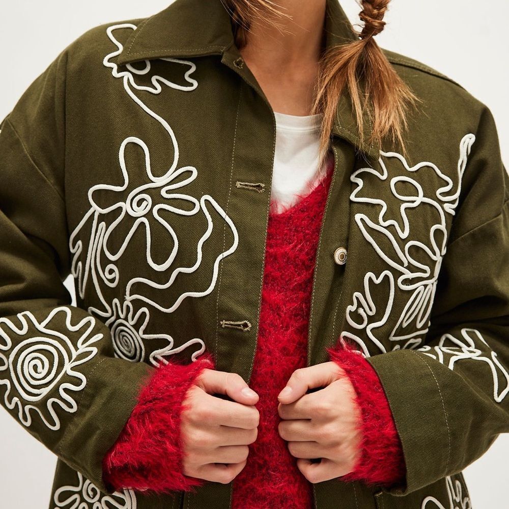 Free People We the Free Avery Soutache Embroidered Jacket Army/Ivory Combo - Picture 7 of 14